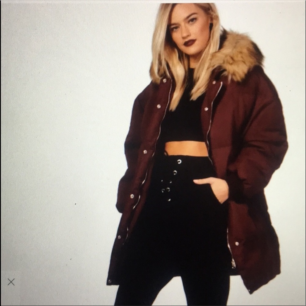 BooHoo longline fur puffer jacket burgundy size 6